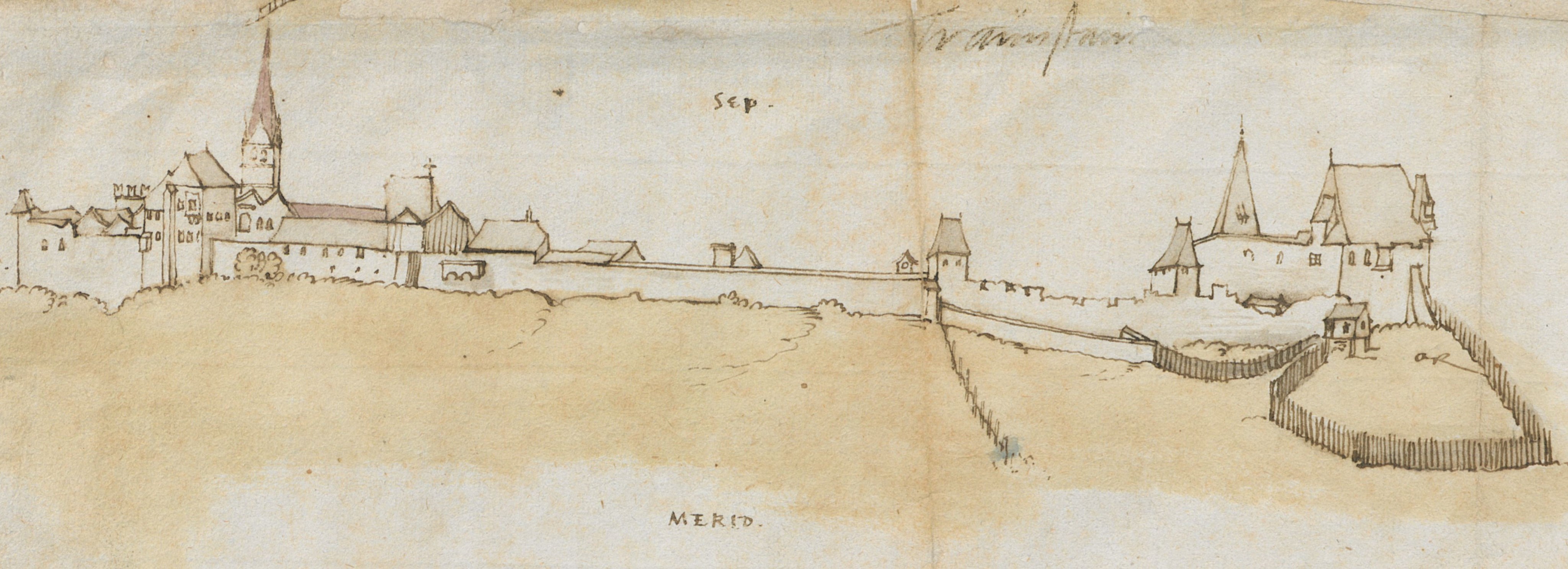 Die älteste Ansicht der Stadt Traunstein zeigt die Kirche St. Oswald, die herzogliche Veste sowie die mit Türmen bewehrte Stadtmauer. (Tuschzeichnung, koloriert, Philipp Apian, um 1560, Bayerische Staatsbibliothek, Cgm 5379/3) Leider haben wir keinen Alternativtext zu diesem Bild, aber wir arbeiten daran.