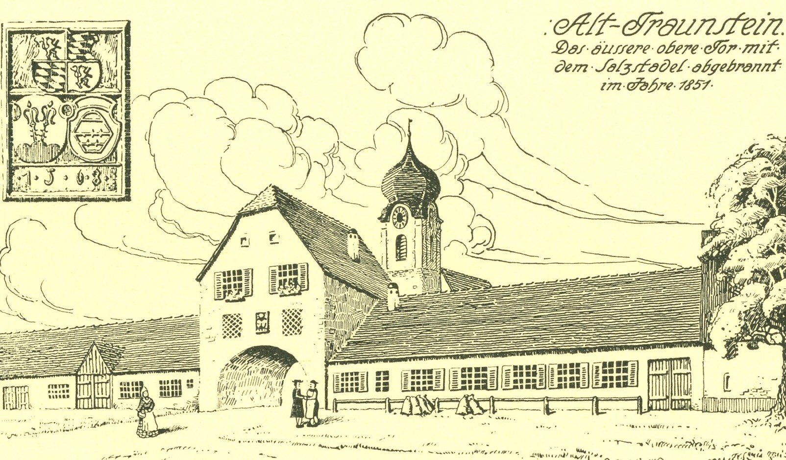 Der Salzstadel vor dem oberen Tor (Druck auf Karton, Zeichnung von Adolf Kunst, Regensburg, um 1910, Stadtarchiv Traunstein, GL 514) Leider haben wir keinen Alternativtext zu diesem Bild, aber wir arbeiten daran.