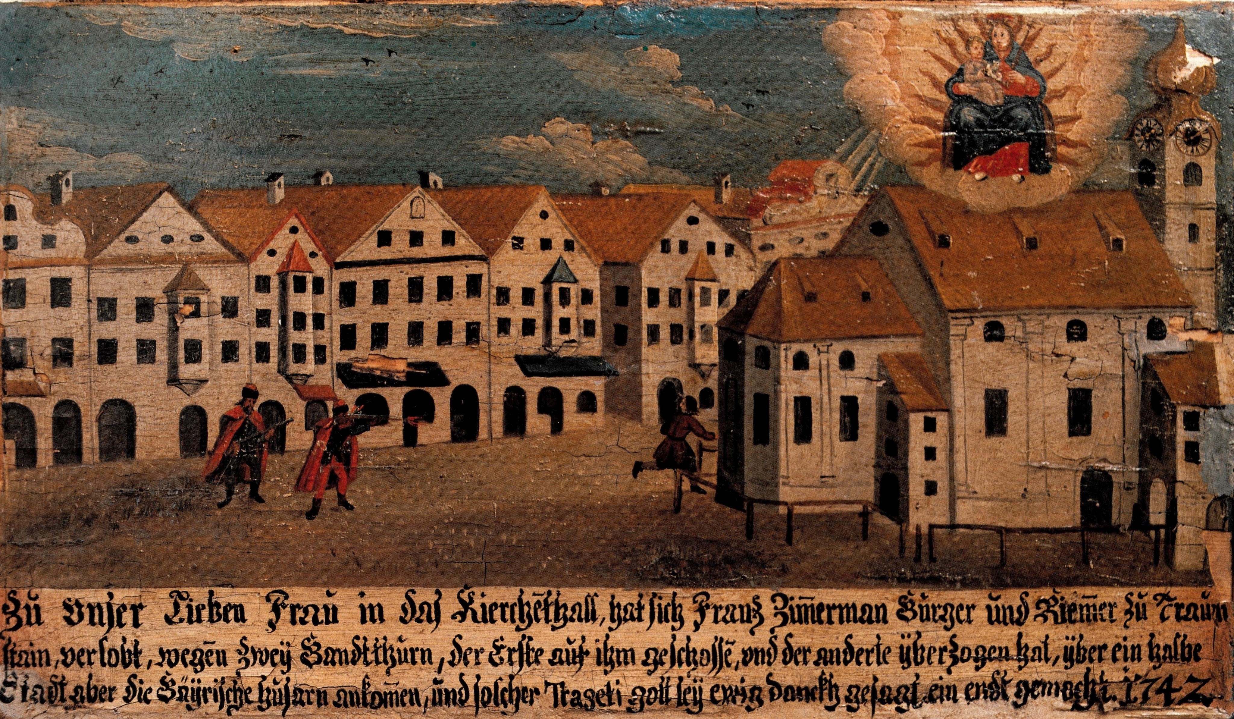 Die älteste erhaltene Teilansicht des Traunsteiner Stadtplatzes bildet die nach dem Brand von 1704 neu errichtete Kirche Sankt Oswald und die südliche Häuserzeile ab. (Votivtafel, 1742, Wallfahrtskirche Maria Kirchenthal, Sankt Martin bei Lofer / Land Salzburg) Leider haben wir keinen Alternativtext zu diesem Bild, aber wir arbeiten daran.