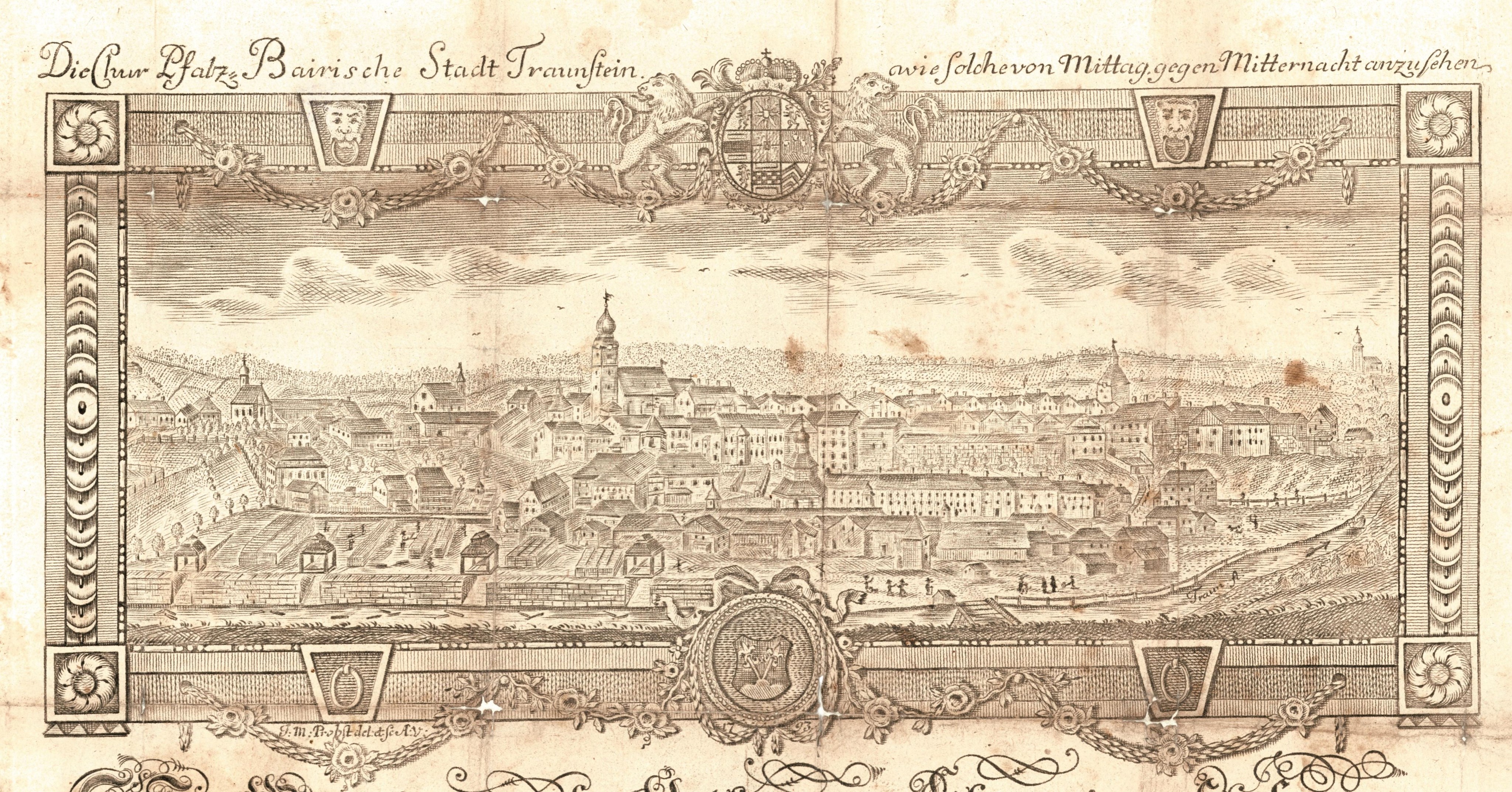 Ansicht der Stadt Traunstein, im Vordergrund die Saline (Kupferstich, Johann Michael Probst, Augsburg, 1793, Stadtarchiv Traunstein, Urkunde Nr. 1659) Leider haben wir keinen Alternativtext zu diesem Bild, aber wir arbeiten daran.