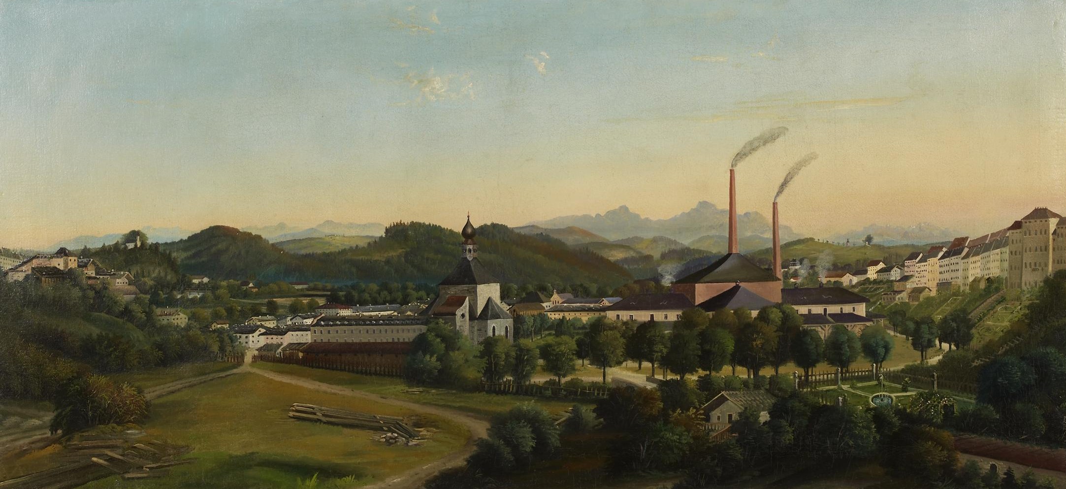 Die Saline auf dem Höhepunkt ihrer Produktivität, kurz vor ihrer Stilllegung und als Gefangenenlager im Ersten Weltkrieg (Öl auf Leinwand, 53 × 116 cm, Nikolaus oder Josef Gumberger, Traunstein, um 1878) Leider haben wir keinen Alternativtext zu diesem Bild, aber wir arbeiten daran.