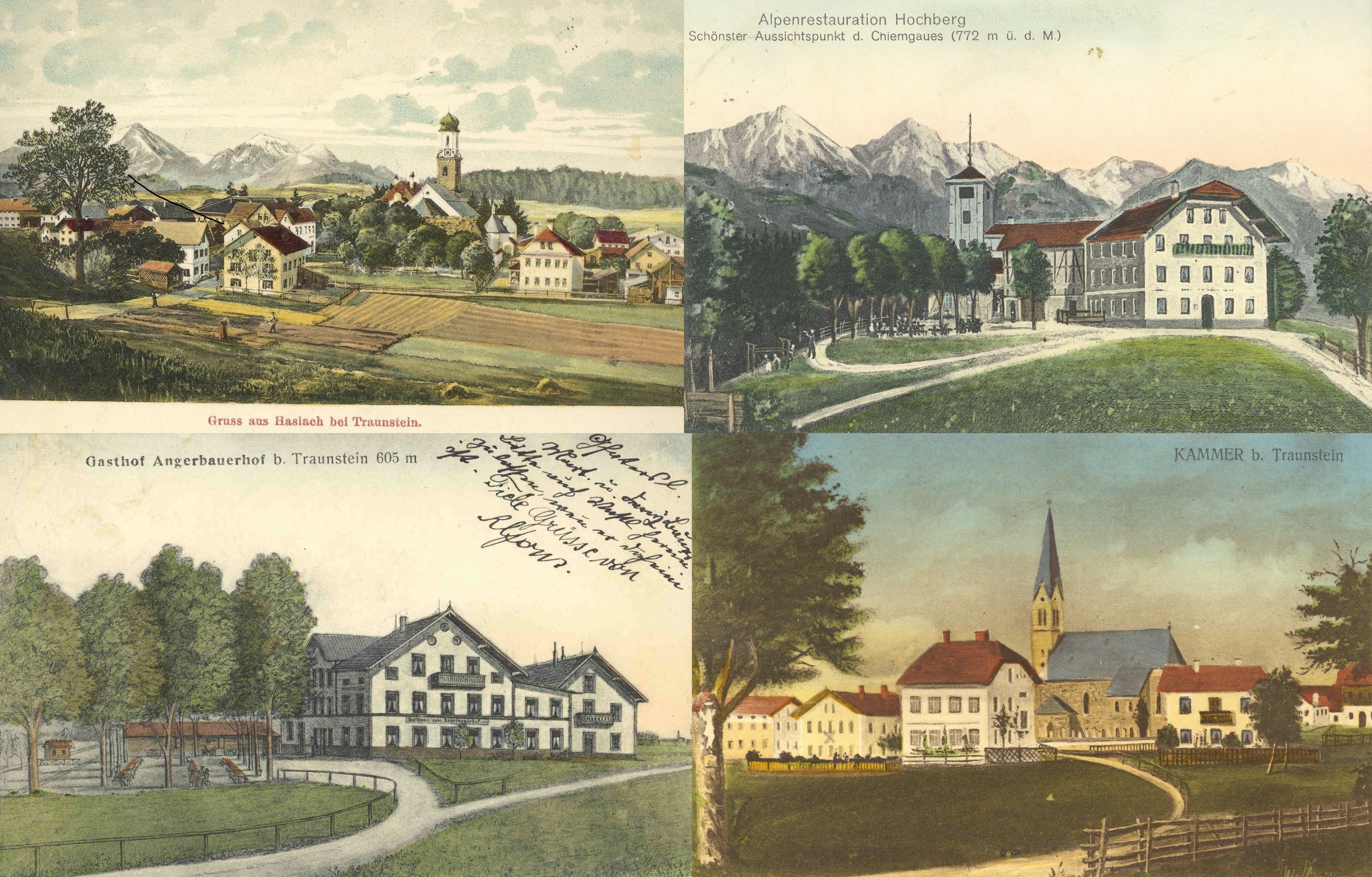 Historische Ansichten aus den Bereichen der vormals selbstständigen Gemeinden (von links oben im Uhrzeigersinn) Haslach, Hochberg, Kammer und Wolkersdorf. (Künstlerpostkarten nach Zeichnungen von Richard Wagner (Haslach) und Markus Schreiber, Traunstein, um 1905, Stadtarchiv Traunstein PK 233, 305, 347 und 1459) Leider haben wir keinen Alternativtext zu diesem Bild, aber wir arbeiten daran.