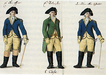 Uniformen der Salinenbeamten der 1. Klasse (v.l.n.r.):  Ober-Offiziere, Waldmeister, Salinen-Ober-Inspektor – 1791