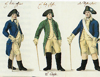 Uniformen der Salinenbeamten der 2. Klasse (v.l.n.r.): Unter-Offiziere, Holzschaffner, Wachtmeister – 1791