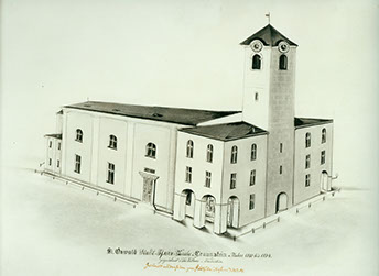 St. Oswald Kirche Zeichnung von 1884 (Sammlung Heimathaus)